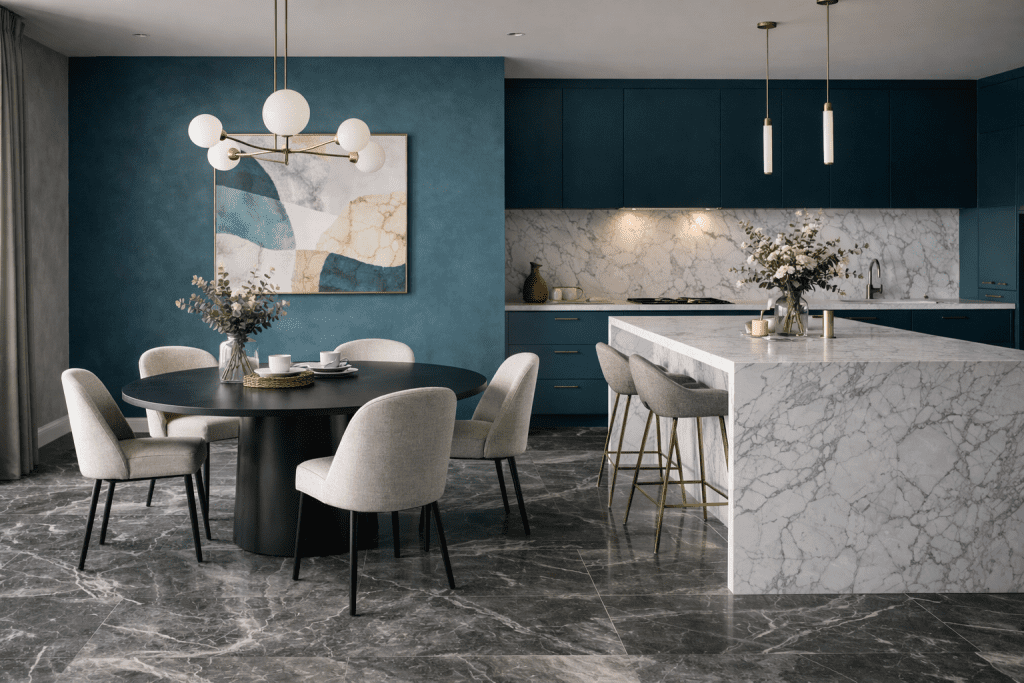 marbre dans un salon bleu canard