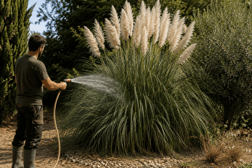 arrosage d'une herbe de pampa